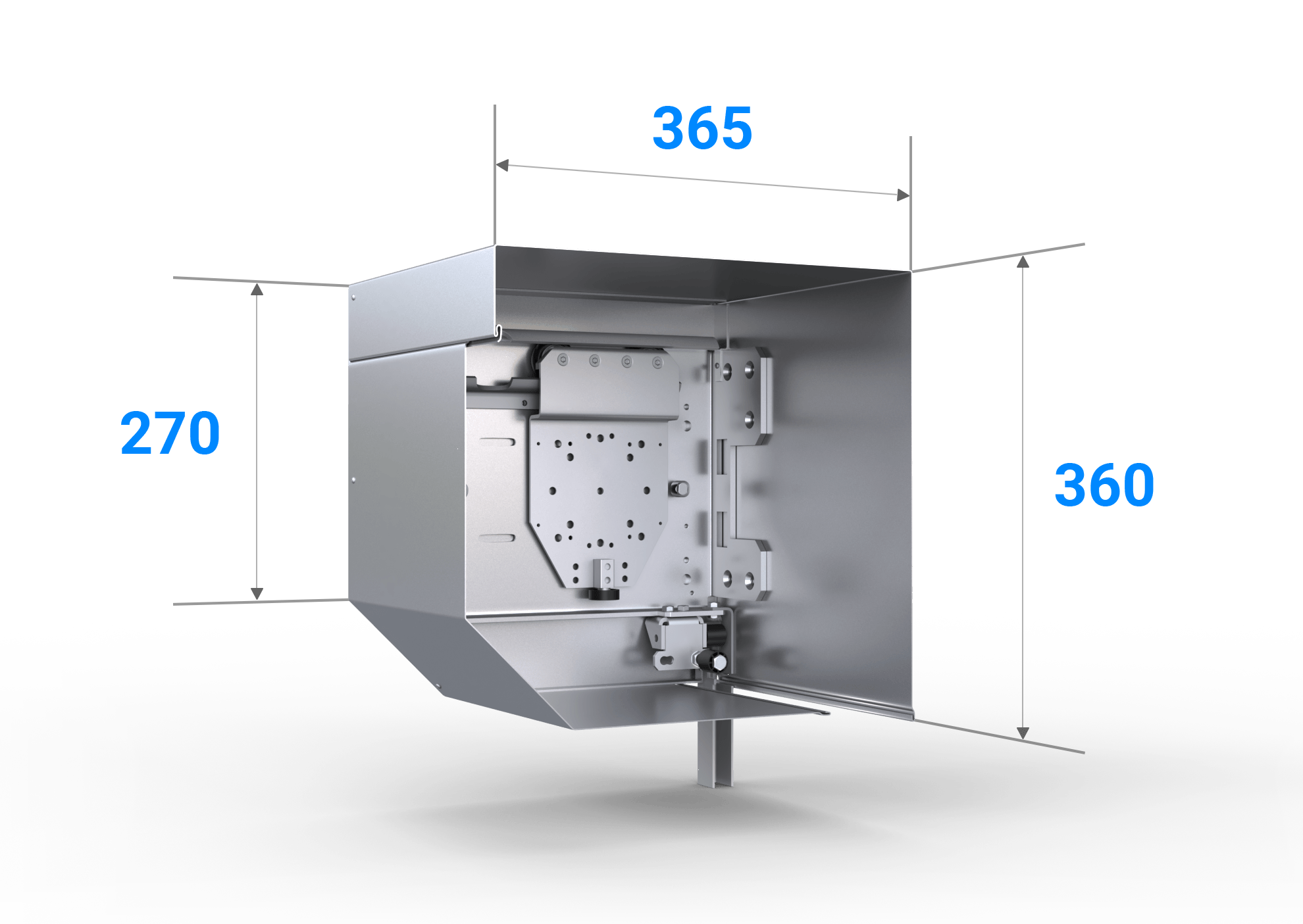 Hoekige kast van aluminium 360 mm voor premium roldeur, technische details