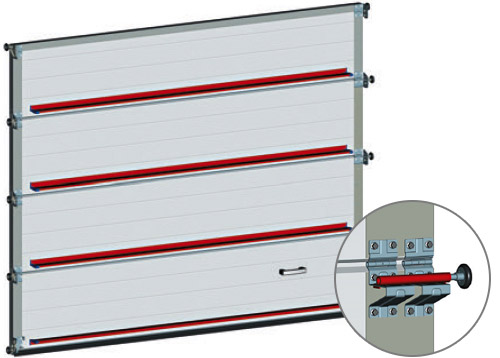 Voor sectionaaldeuren breder dan 5 meter zijn de versterkte panelen voorzien van dubbele centrale scharnieren. Voor deuren met een breedte van 5 meter of meer worden versterkingsprofielen geïnstalleerd.